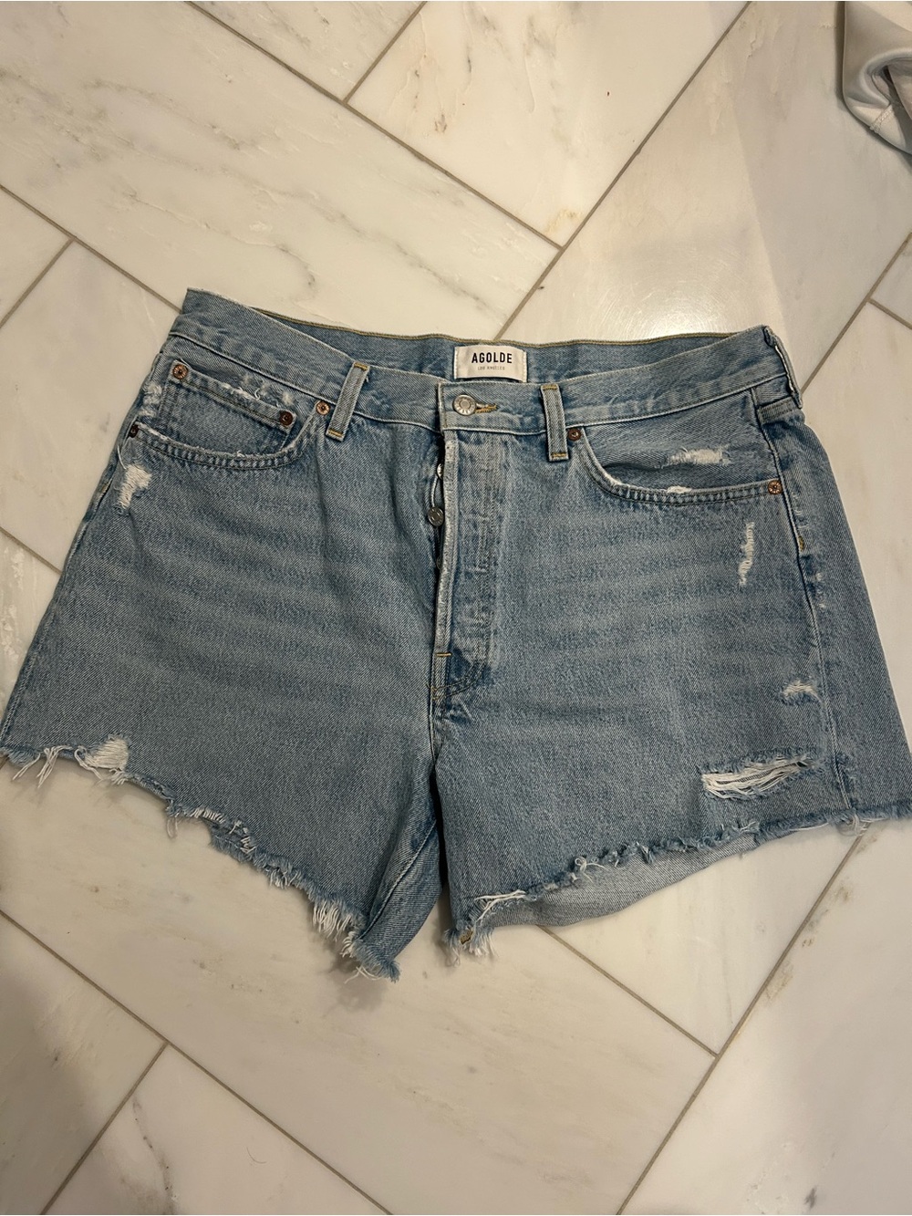 AGOLDE Parker Long Light Blue Distressed Denim Shorts - Women's